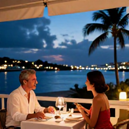 Caribbean Holidays, January Couples Holidays, Couple dining at an elegant open-air restaurant in Gustavia, Saint Barth&eacute;lemy, harbour lights, tropical evening and sophisticated Caribbean atmosphere