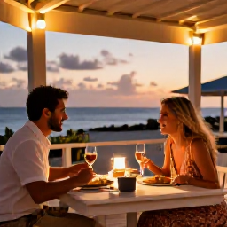 Caribbean Holidays, January Couples Holidays, Couple dining at an outdoor restaurant in Cura&ccedil;ao at sunset, with Caribbean dishes, gentle lights and a relaxed island atmosphere