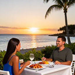 Caribbean Holidays, January Couples Holidays, Couple dining outdoors at a stylish waterfront restaurant in Grand Cayman at sunset, tropical setting and plates of fresh seafood