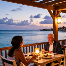 Caribbean Holidays, January Couples Holidays, Couple dining outdoors at a waterfront restaurant in Aruba at sunset, lanterns, Caribbean food and ocean views