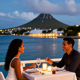 Caribbean Holidays, January Couples Holidays, Couple enjoying a candlelit dinner at a waterfront restaurant in Grand Case, Saint Martin