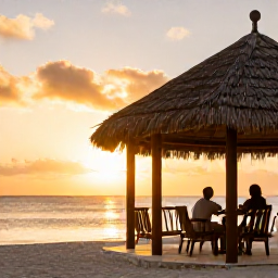 Caribbean Holidays, January Couples Holidays, Couple enjoying a peaceful sunset from a comfortable beachfront hotel terrace in Tobago