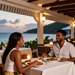 Caribbean Holidays, January Couples Holidays, Couple enjoying a relaxed dinner at a stylish open-air restaurant in Nevis, local Caribbean dishes, warm evening lighting, realistic travel photography