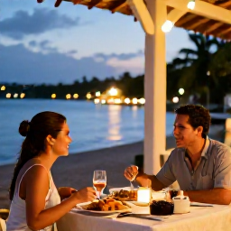 Caribbean Holidays, January Couples Holidays, Couple enjoying a relaxed evening meal at a waterfront restaurant in Trinidad, warm lights and local Caribbean dishes