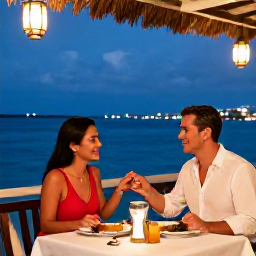 Caribbean Holidays, January Couples Holidays, Couple enjoying a romantic dinner at a waterfront restaurant in George Town, Cayman Islands, with lanterns and evening sea views
