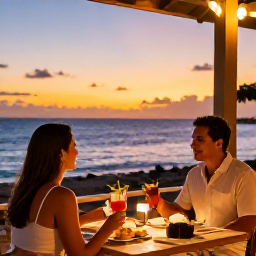 Caribbean Holidays, January Couples Holidays, Couple enjoying a sunset dinner at a Puerto Rican seafront restaurant, with tropical drinks, warm light and ocean views