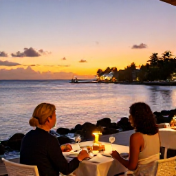 Caribbean Holidays, January Couples Holidays, Couple enjoying a sunset dinner at a waterfront restaurant in Grenada, softly lit tables and tranquil Caribbean harbour