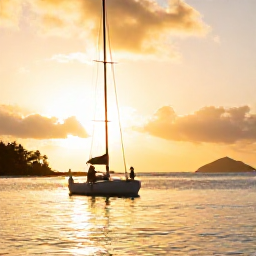 Caribbean Holidays, January Couples Holidays, Couple enjoying a sunset sail off Saint Martin and Sint Maarten, warm golden sky, calm Caribbean sea and distant islands