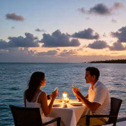 Caribbean Holidays, January Couples Holidays, Couple enjoying an intimate dinner at a waterside restaurant in Providenciales, Turks and Caicos, at sunset