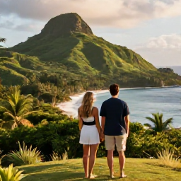 Caribbean Holidays, January Couples Holidays, Couple exploring a Caribbean island viewpoint with lush green hills, tropical coastline and warm afternoon light