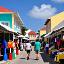 Caribbean Holidays, January Couples Holidays, Couple exploring a colourful Caribbean market and historic streets in Marigot, Saint Martin, bright buildings and local shops