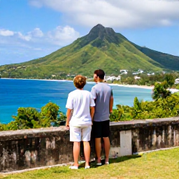 Caribbean Holidays, January Couples Holidays, Couple exploring Brimstone Hill Fortress on Saint Kitts with dramatic green hills and blue Caribbean sea in the background