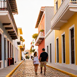 Caribbean Holidays, January Couples Holidays, Couple exploring colourful cobbled streets in Old San Juan, Puerto Rico, with colonial buildings, balconies and warm afternoon light