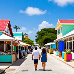 Caribbean Holidays, January Couples Holidays, Couple exploring colourful streets and local market stalls in George Town, Grand Cayman, with tropical scenery and island architecture