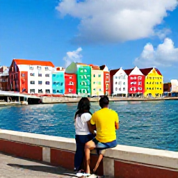 Caribbean Holidays, January Couples Holidays, Couple exploring colourful Willemstad in Cura&ccedil;ao, with pastel buildings, the Queen Emma Bridge and a lively waterfront scene