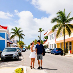Caribbean Holidays, January Couples Holidays, Couple exploring George Town in the Cayman Islands, colourful buildings, palm trees and relaxed Caribbean street scene
