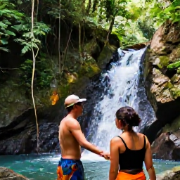 Caribbean Holidays, January Couples Holidays, Couple exploring lush tropical rainforest in Tobago with a guide, colourful birds and a small waterfall