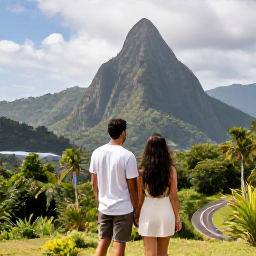 Caribbean Holidays, January Couples Holidays, Couple exploring the green Soufriere landscape in Saint Lucia, viewing the Pitons with tropical forest, winding road and volcanic scenery