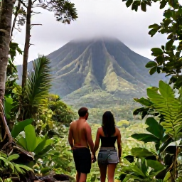 Caribbean Holidays, January Couples Holidays, Couple hiking through lush rainforest on Mount Liamuiga in Saint Kitts, tropical foliage and volcanic mountain scenery, authentic travel photography