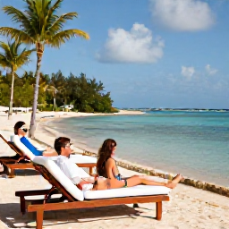 Caribbean Holidays, January Couples Holidays, Couple relaxing beside a calm turquoise lagoon at a Bahamian resort, palm trees, sun loungers, January sunshine and peaceful holiday setting