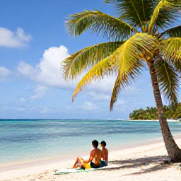 Caribbean Holidays, January Couples Holidays, Couple relaxing on a peaceful sandy beach in Nevis beside calm turquoise water, shaded by palm trees