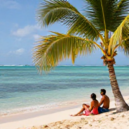 Caribbean Holidays, January Couples Holidays, Couple relaxing on a quiet Cura&ccedil;ao beach, sitting beneath a palm tree beside clear shallow water and soft golden sand