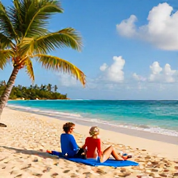 Caribbean Holidays, January Couples Holidays, Couple relaxing on a quiet golden beach in Tobago during a sunny January morning, turquoise sea and palm trees