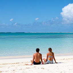 Caribbean Holidays, January Couples Holidays, Couple relaxing on a quiet white-sand beach beside calm turquoise water in the Turks and Caicos Islands