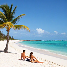 Caribbean Holidays, January Couples Holidays, Couple relaxing on a quiet white-sand beach beside clear turquoise water in Grand Cayman, palm trees and peaceful atmosphere