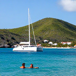 Caribbean Holidays, January Couples Holidays, Couple sailing on a catamaran past green hills and clear blue water around Saint Martin and Sint Maarten