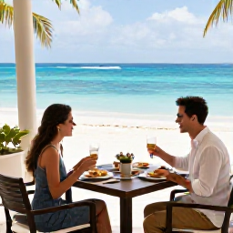 Caribbean Holidays, January Couples Holidays, Couple sharing breakfast at a stylish beachfront restaurant in the Caribbean, bright tropical morning, ocean view and relaxed atmosphere