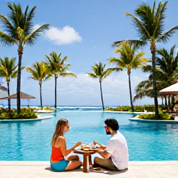 Caribbean Holidays, January Couples Holidays, Couple sharing breakfast beside a tropical resort pool with palm trees and blue sky in the Dominican Republic