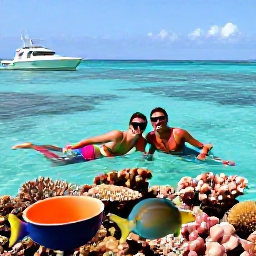 Caribbean Holidays, January Couples Holidays, Couple snorkelling over a colourful coral reef in clear Bahamian water, tropical fish, bright January sunlight and a boat nearby