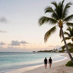 Caribbean Holidays, January Couples Holidays, Couple walking along a calm Caribbean beach at sunrise on Saint Martin, soft January light, palm trees and turquoise sea