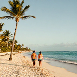 Caribbean Holidays, January Couples Holidays, Couple walking along a quiet palm-fringed beach in Punta Cana, Dominican Republic, warm January sunshine and turquoise sea