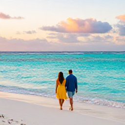 Caribbean Holidays, January Couples Holidays, Couple walking barefoot along a calm white-sand beach in Aruba at sunrise, turquoise sea and warm January light