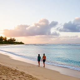 Caribbean Holidays, January Couples Holidays, Couple walking hand in hand along a quiet golden beach in Saint Kitts at sunrise, calm turquoise Caribbean Sea, natural travel photography