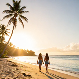 Caribbean Holidays, January Couples Holidays, Couple walking hand in hand along a quiet golden beach in Tobago at sunrise, palm trees and calm turquoise sea