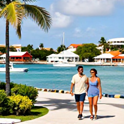 Caribbean Holidays, January Couples Holidays, Couple walking through a colourful British Virgin Islands harbour with palm trees, small yachts and bright Caribbean sunlight