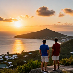 Caribbean Holidays, January Couples Holidays, Couple watching a golden sunset from a hilltop viewpoint in Saint Barth&eacute;lemy, Caribbean sea glowing behind the island coastline