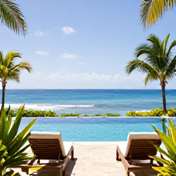 Caribbean Holidays, January Couples Holidays, Elegant Saint Lucia resort pool overlooking the Caribbean Sea, with two sun loungers, tropical planting and bright January daylight