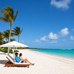 Caribbean Holidays, January Couples Holidays, Modern beachfront resort with palm trees, loungers and turquoise sea in Turks and Caicos during January