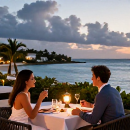 Caribbean Holidays, January Couples Holidays, Outdoor Caribbean restaurant terrace in St Thomas at dusk, with a couple dining beside the sea and warm lantern light