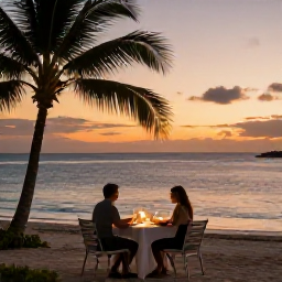 Caribbean Holidays, January Couples Holidays, Romantic Bahamian sunset dinner for two on a beach, softly lit table, calm sea, palm silhouettes and warm evening sky