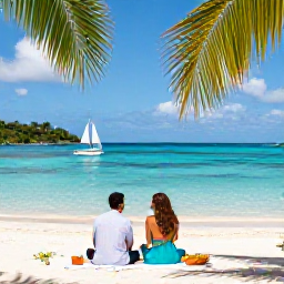 Caribbean Holidays, January Couples Holidays, Romantic beach picnic for two beside clear Caribbean water in the British Virgin Islands, with palm trees and a small sailing boat offshore