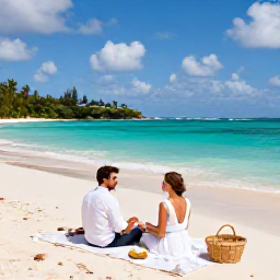 Caribbean Holidays, January Couples Holidays, Romantic beach picnic for two on a secluded Saint Barth&eacute;lemy beach, elegant wicker basket, turquoise water and bright tropical sunshine