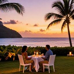 Caribbean Holidays, January Couples Holidays, Romantic beachfront dinner for two in Saint Lucia at sunset, with a small table, candles, tropical gardens and the sea beyond