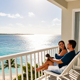 Caribbean Holidays, January Couples Holidays, Romantic beachfront resort in The Bahamas with a couple relaxing on a private balcony overlooking calm turquoise water in January sunshine