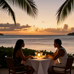 Caribbean Holidays, January Couples Holidays, Romantic beachfront restaurant in Saint Kitts at sunset, candlelit table for two, palms and Caribbean sea in the background, realistic holiday photography