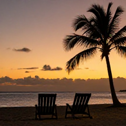 Caribbean Holidays, January Couples Holidays, Romantic Caribbean beach at sunset with two beach chairs, calm sea, palm silhouettes and warm orange sky